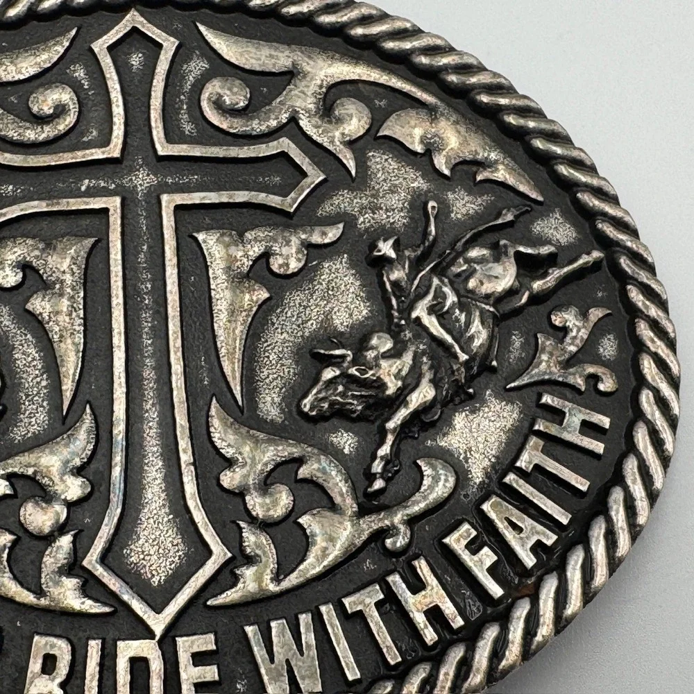 Cowboys Ride With Faith‎ Western Belt Buckle Silver Tone Cross Rodeo Bull Rider